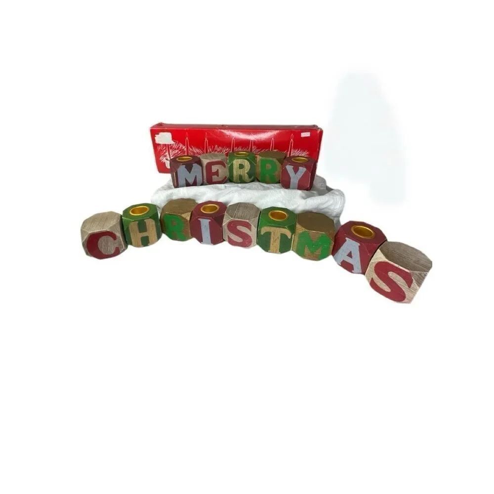 Vintage Merry Christmas primitive wooden block candle holders. Made in Taiwan.
